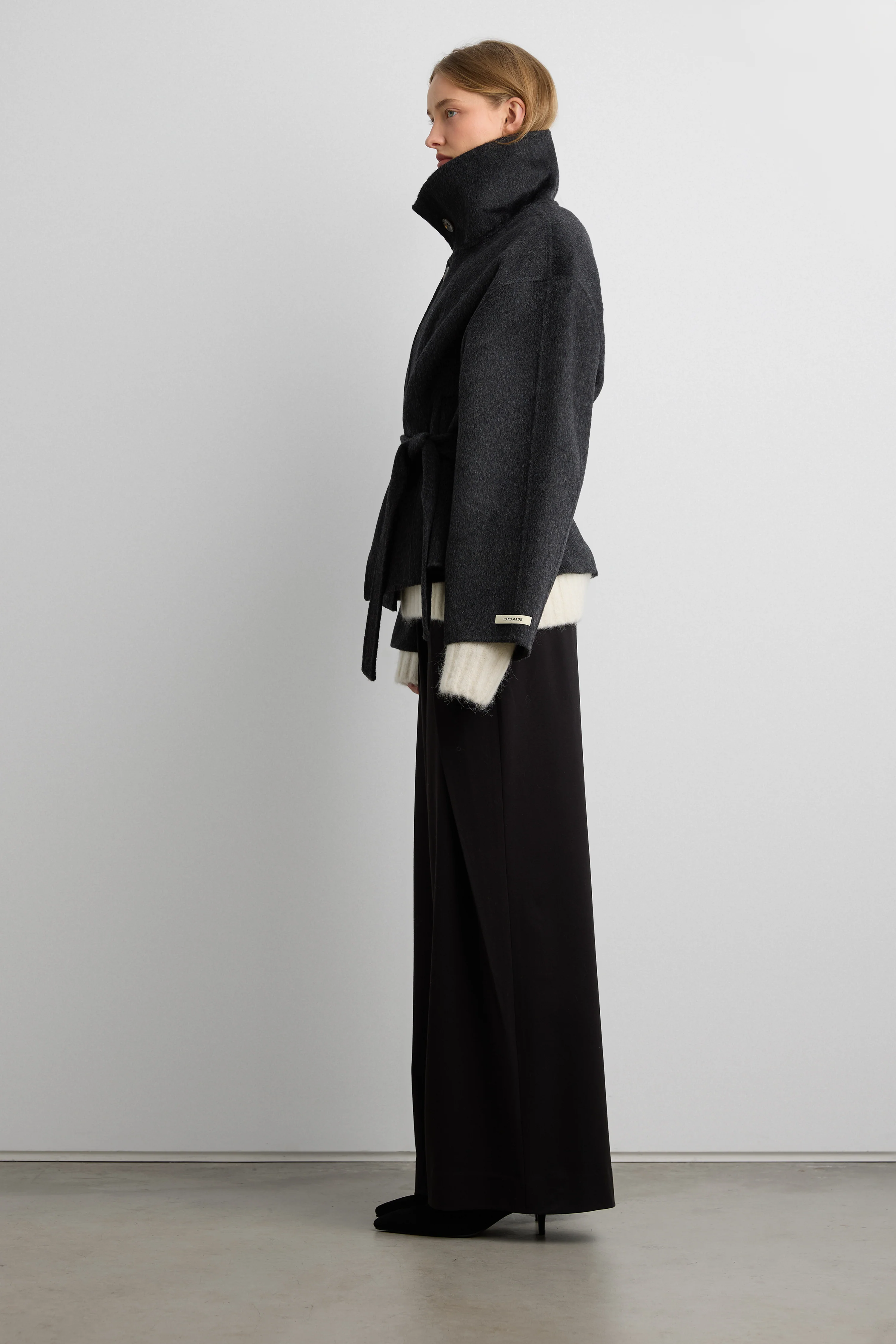 BRUSHED WOOL HAND MADE FUNNEL NECK COAT WITH BELT - Image 3