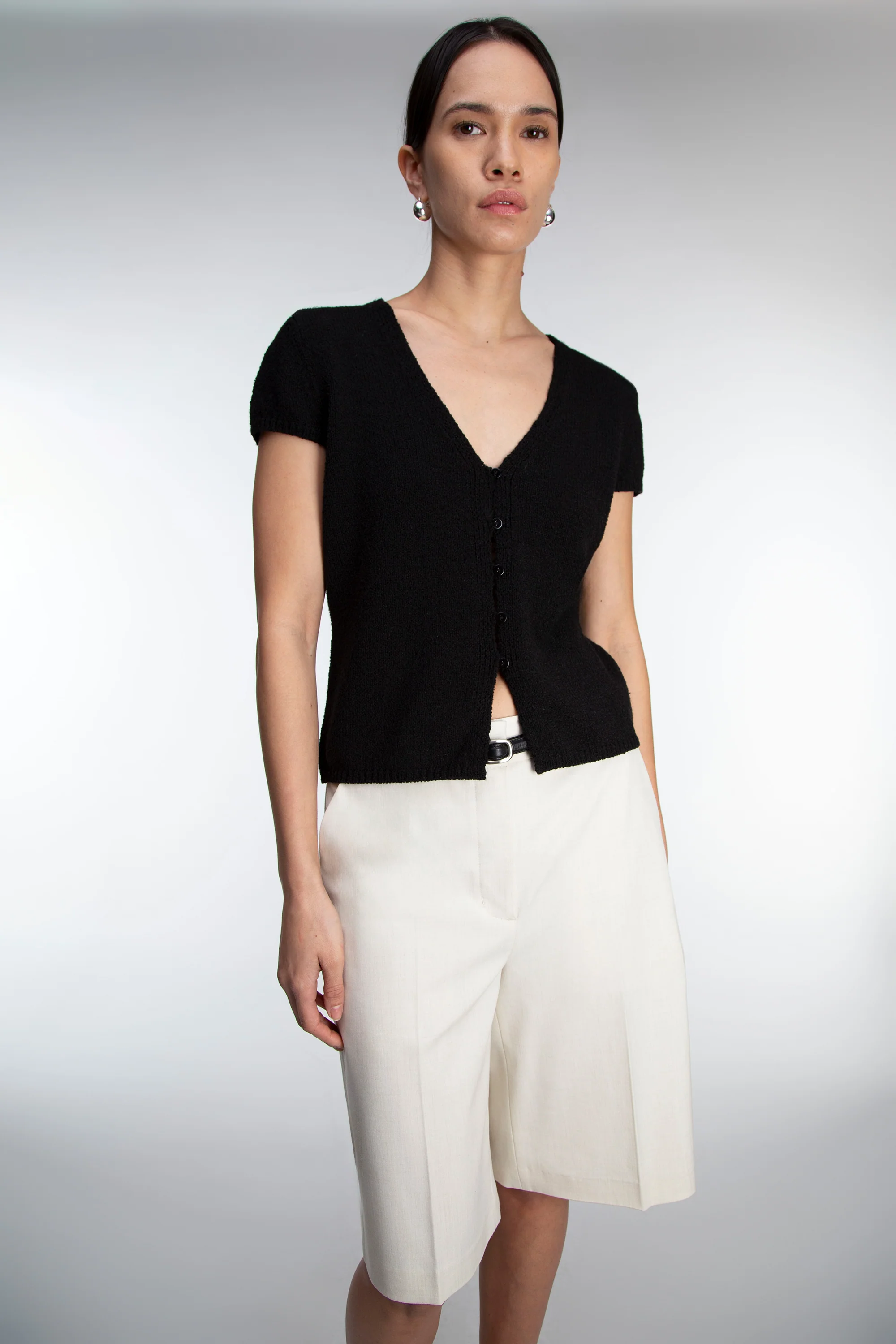 BUTTON FRONT CAP SLEEVE SWEATER