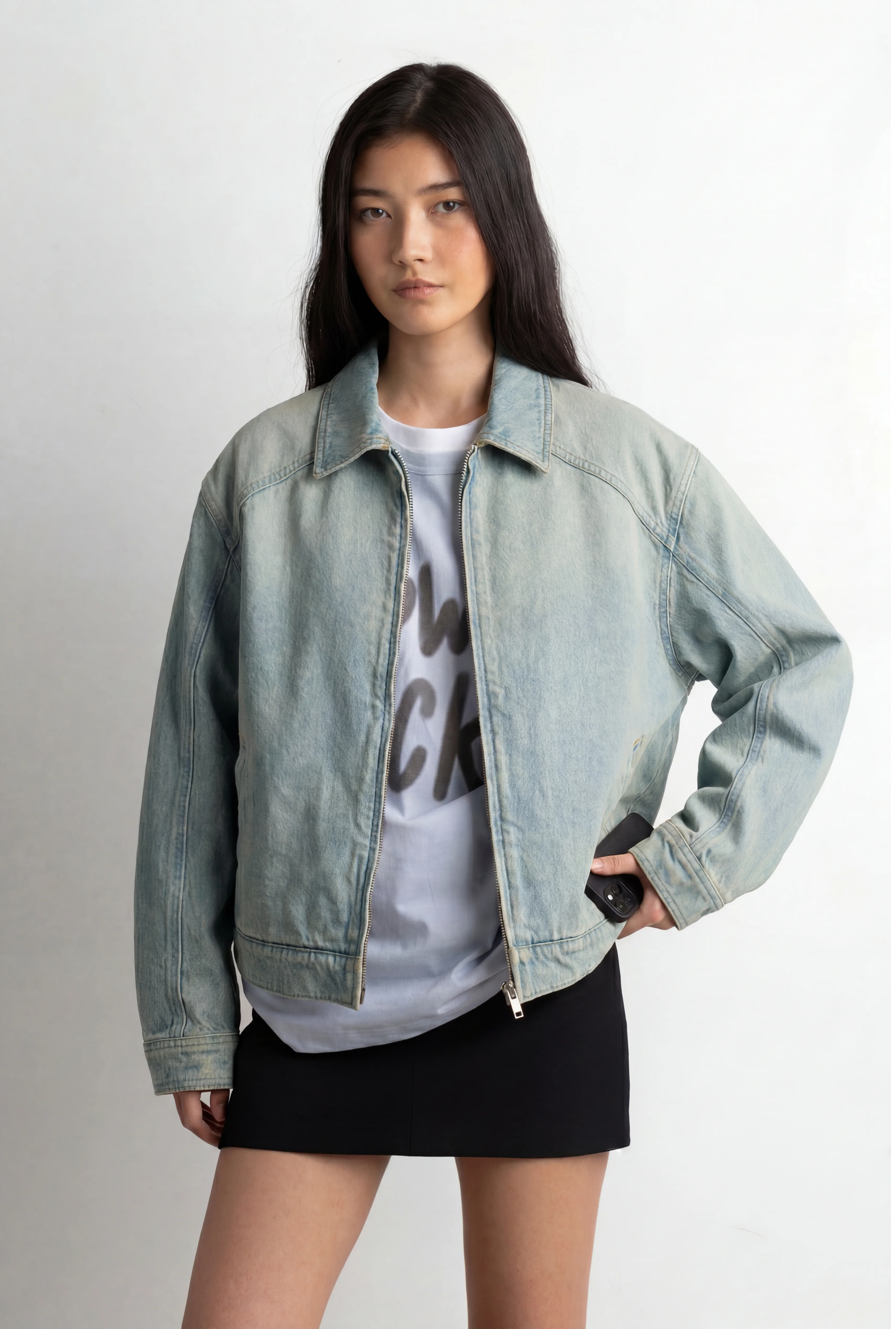 COLLARED DENIM BOMBER JACKET