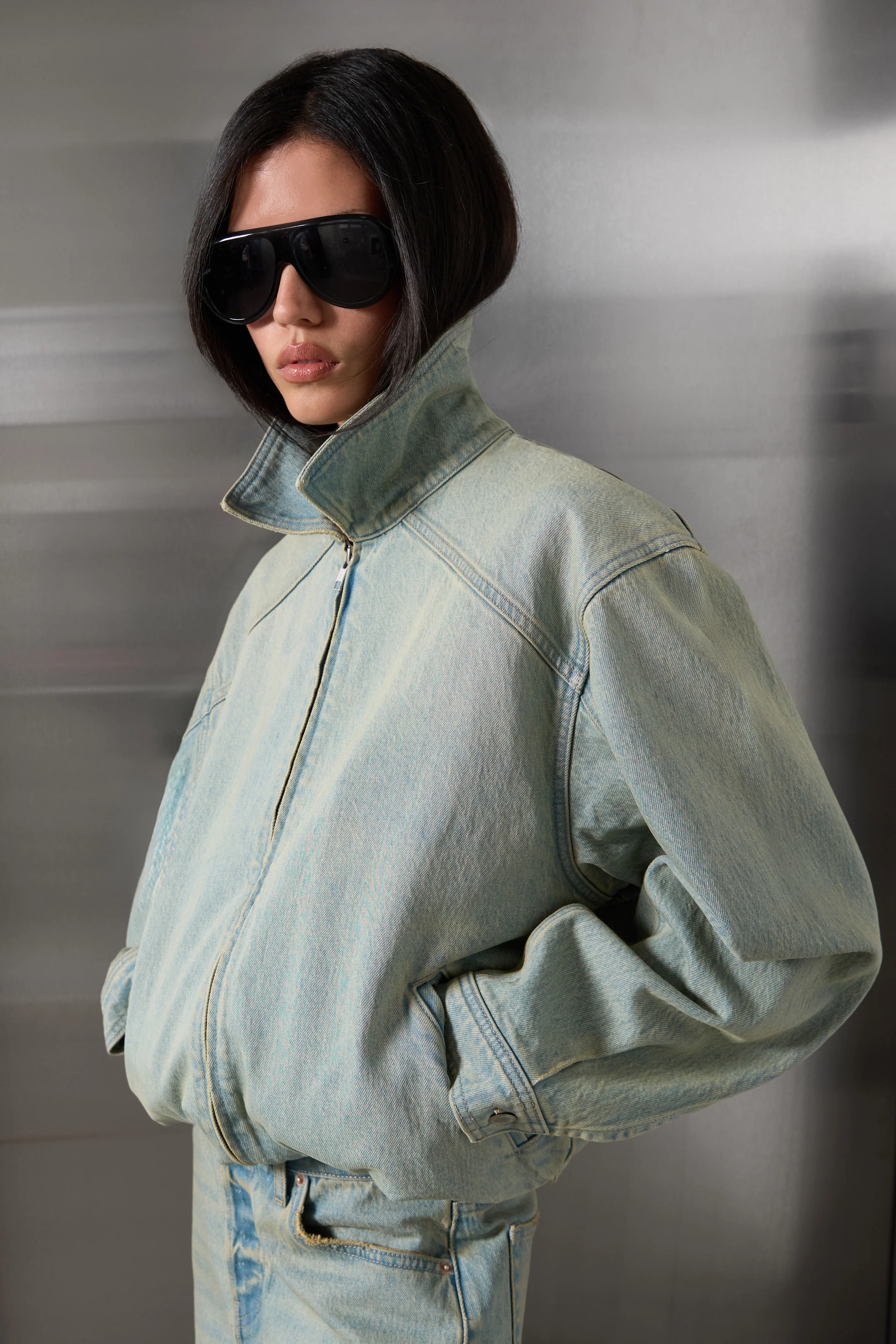 COLLARED DENIM BOMBER JACKET - Image 2