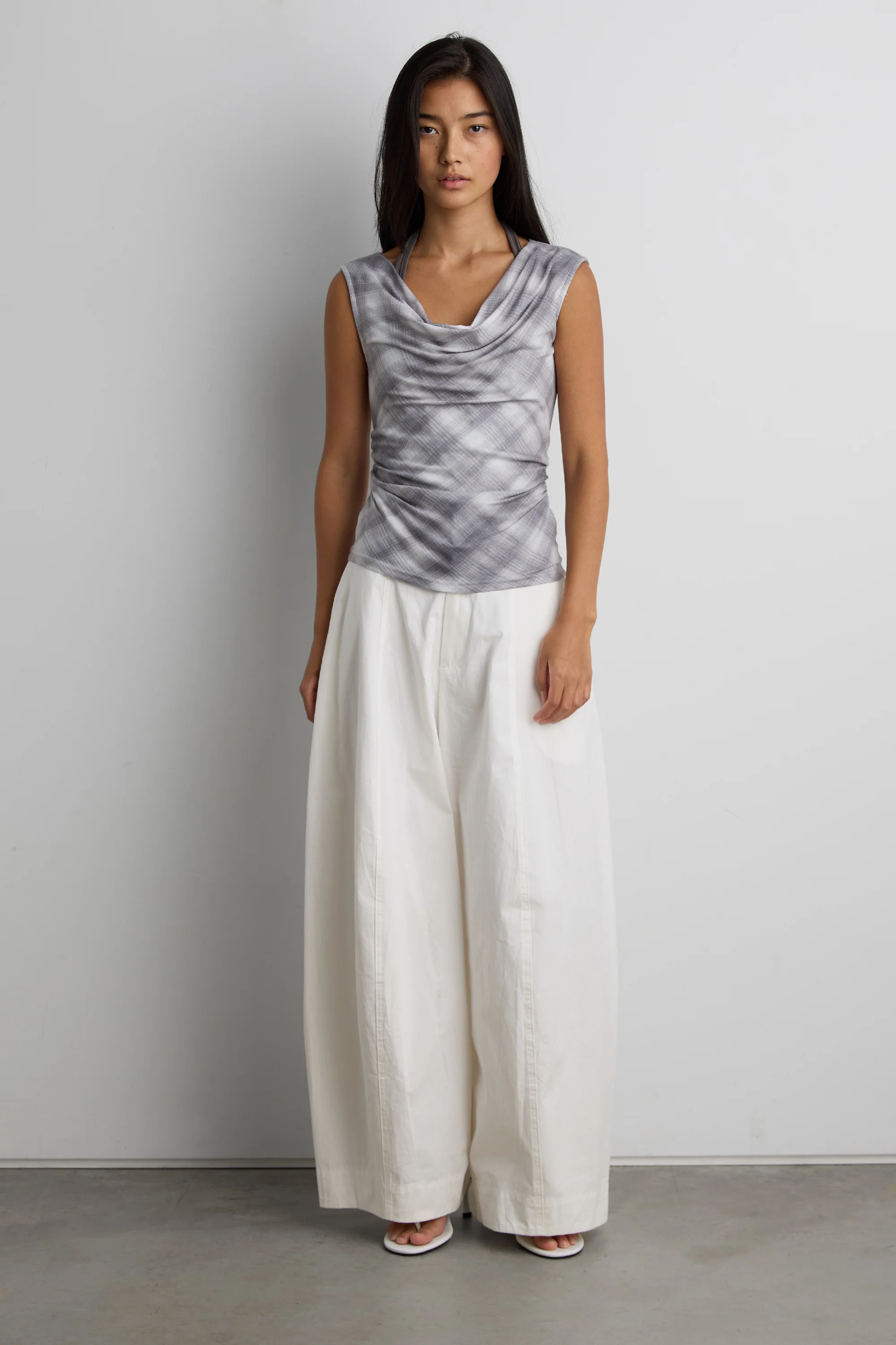 DRAPED CHECKERED COWL NECK TOP - Image 2
