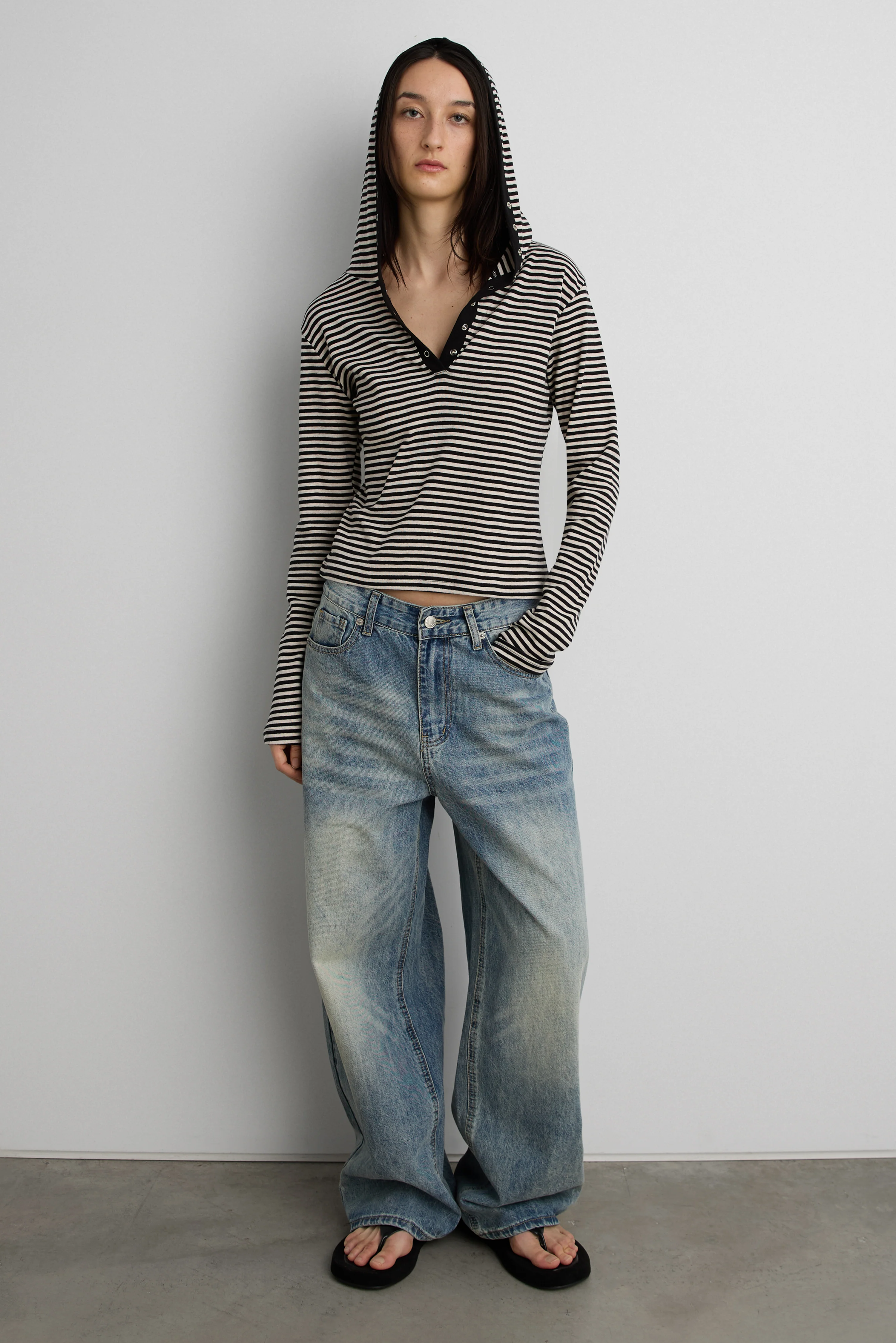 HOODED STRIPED TOP WITH SNAP FRONT DETAIL - Image 2