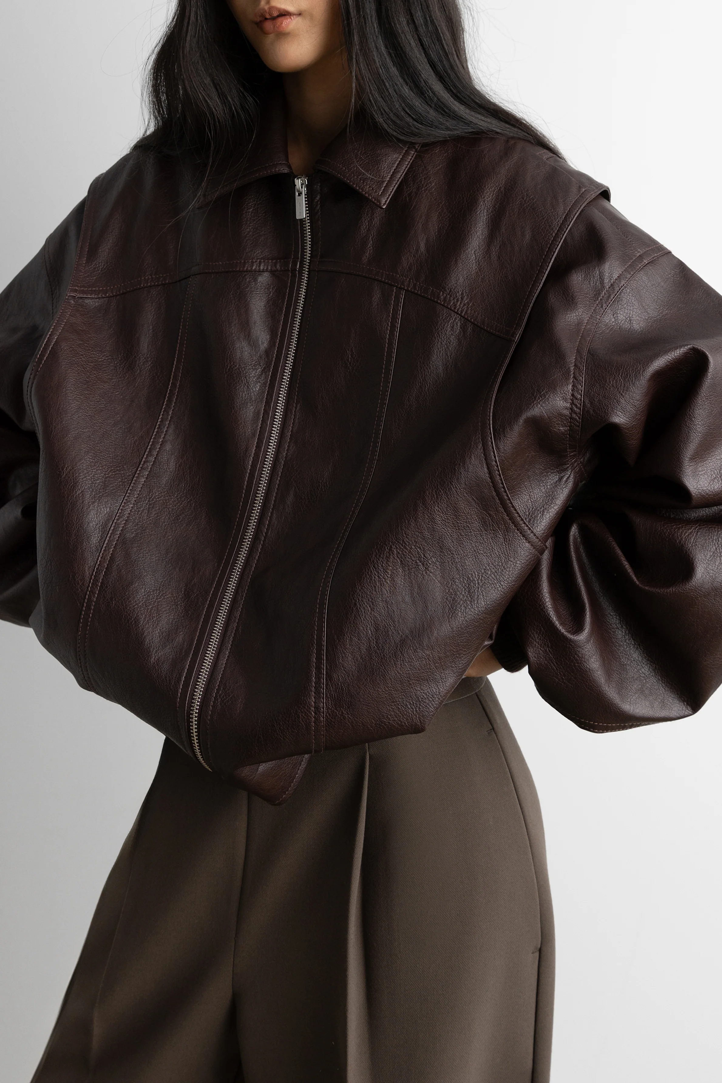 LAYERED DETAIL CONTRAST STITCH VEGAN LEATHER BOMBER - Image 5