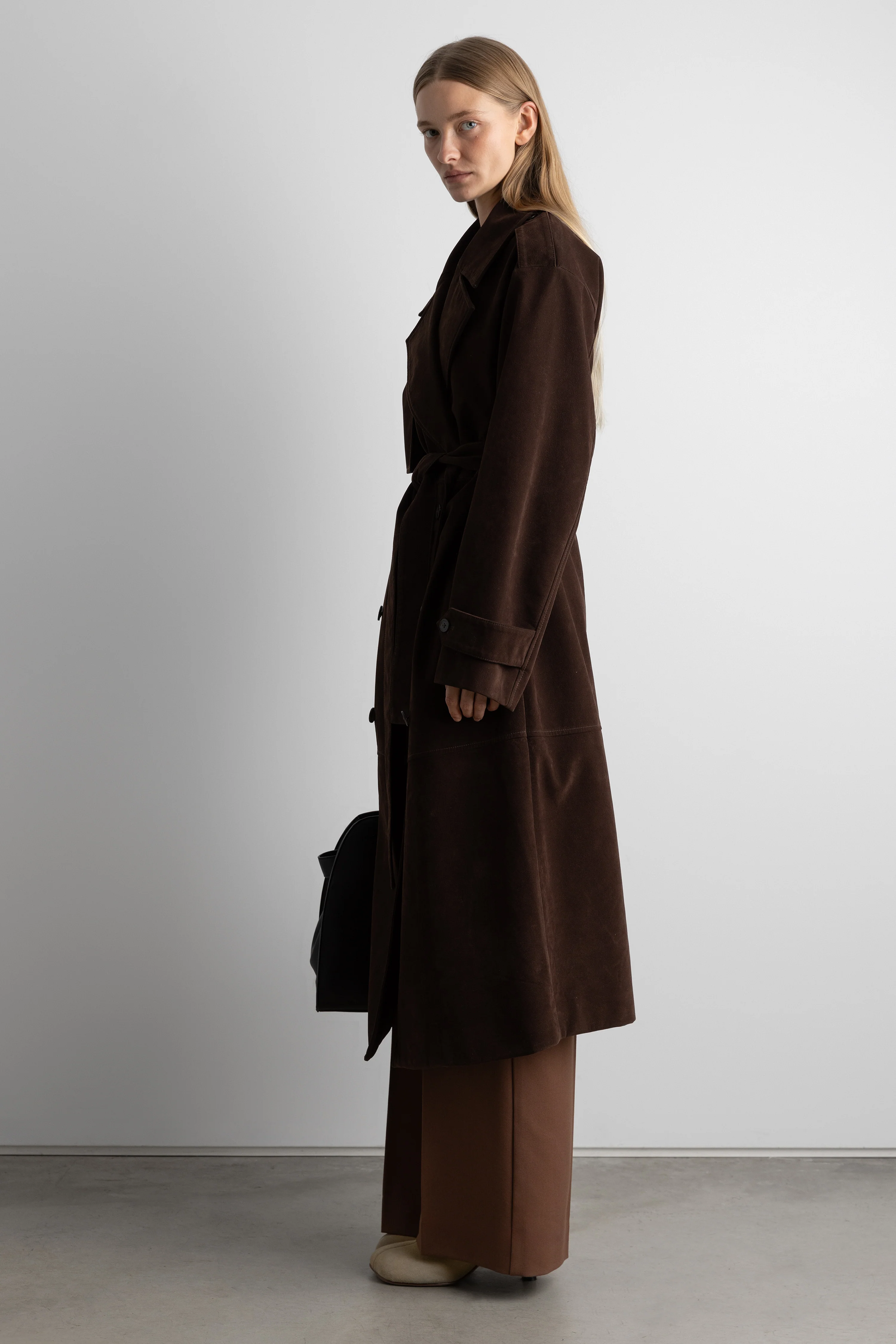 LONG PANELED VEGAN SUEDE TRENCH COAT - Image 2