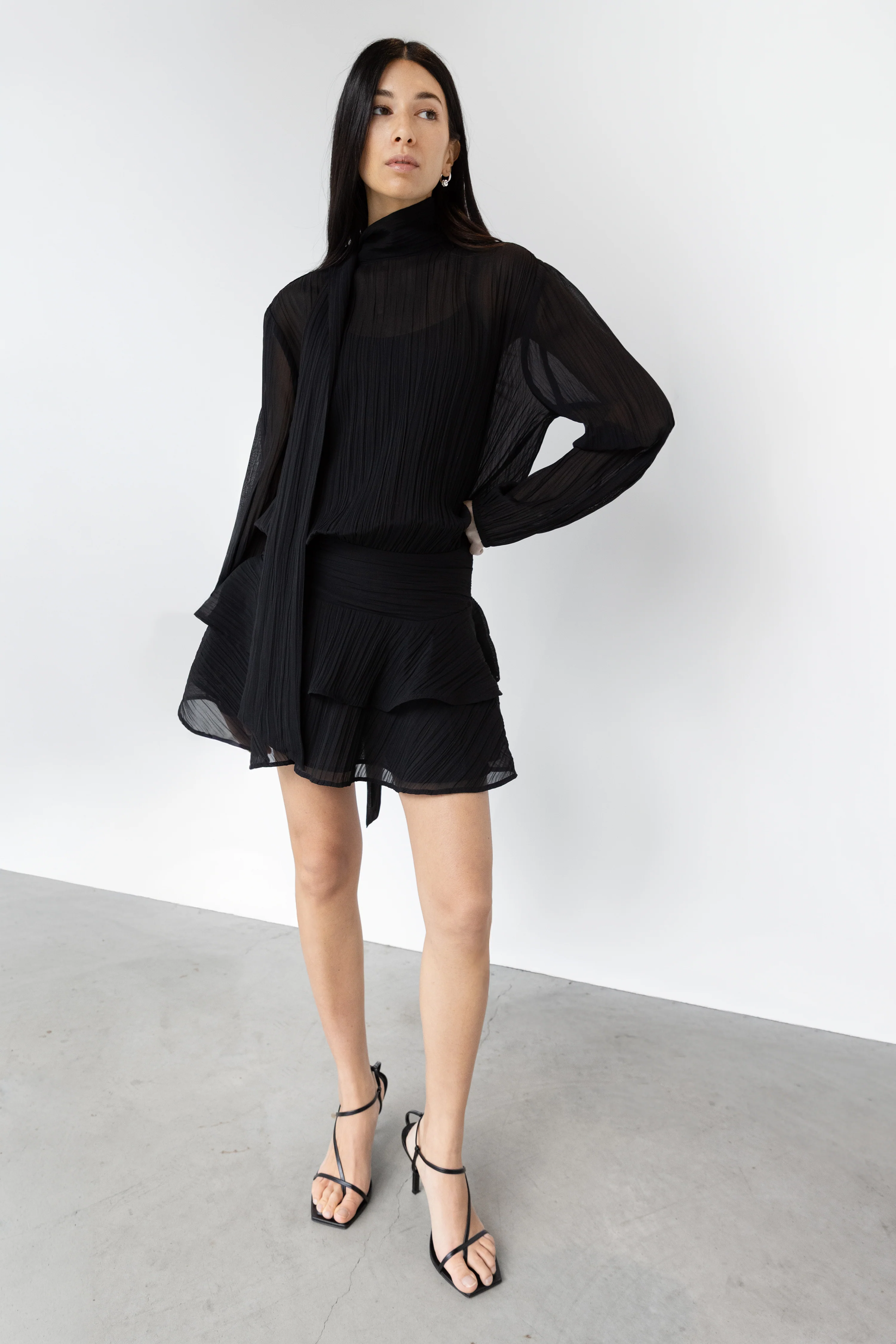 MOCKNECK LONG SLEEVE SHEER RUFFLED MINI DRESS - Image 2