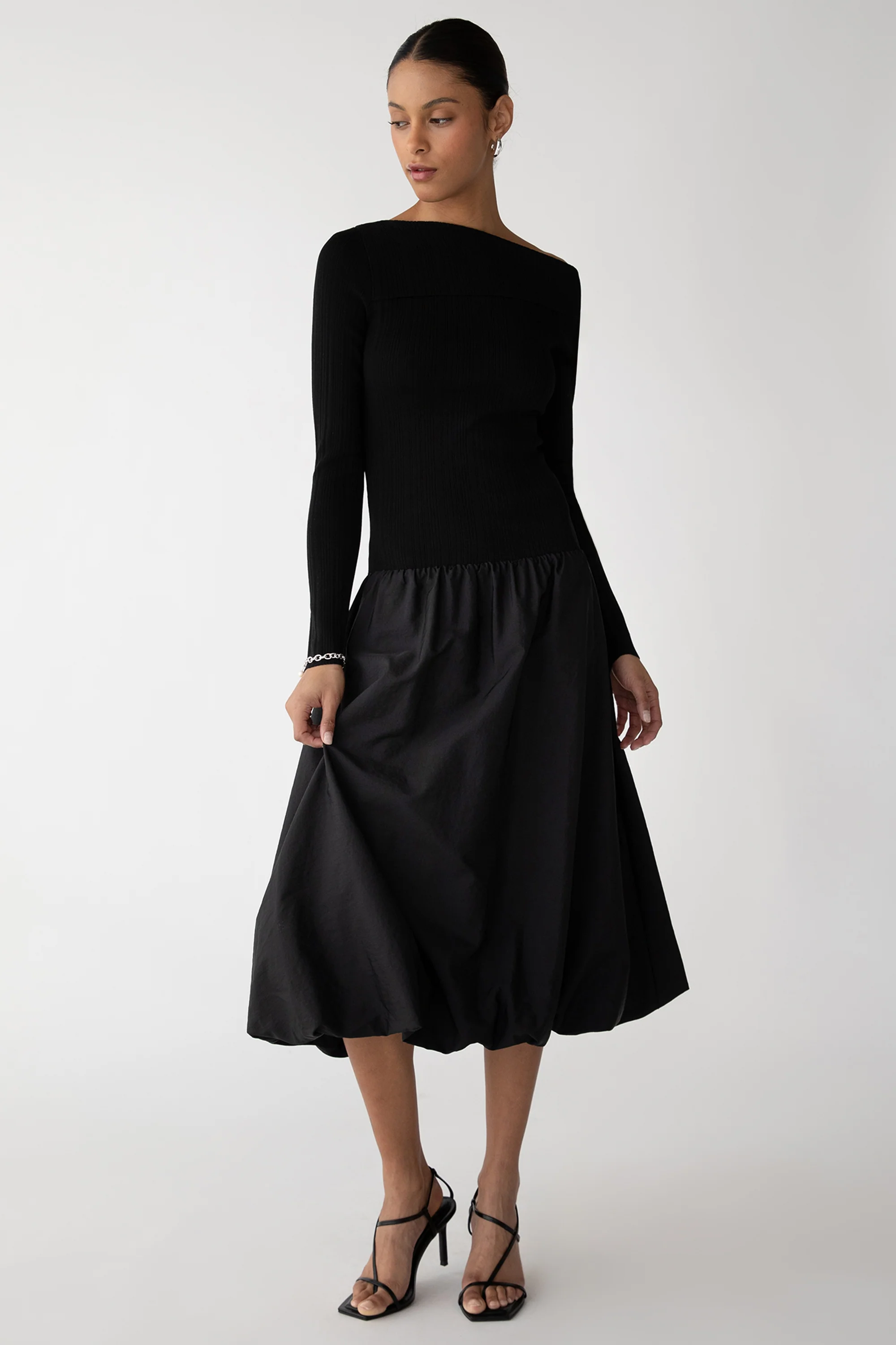 LONG SLEEVE OFF THE SHOULDER BUBBLE HEM MIDI DRESS - Image 5