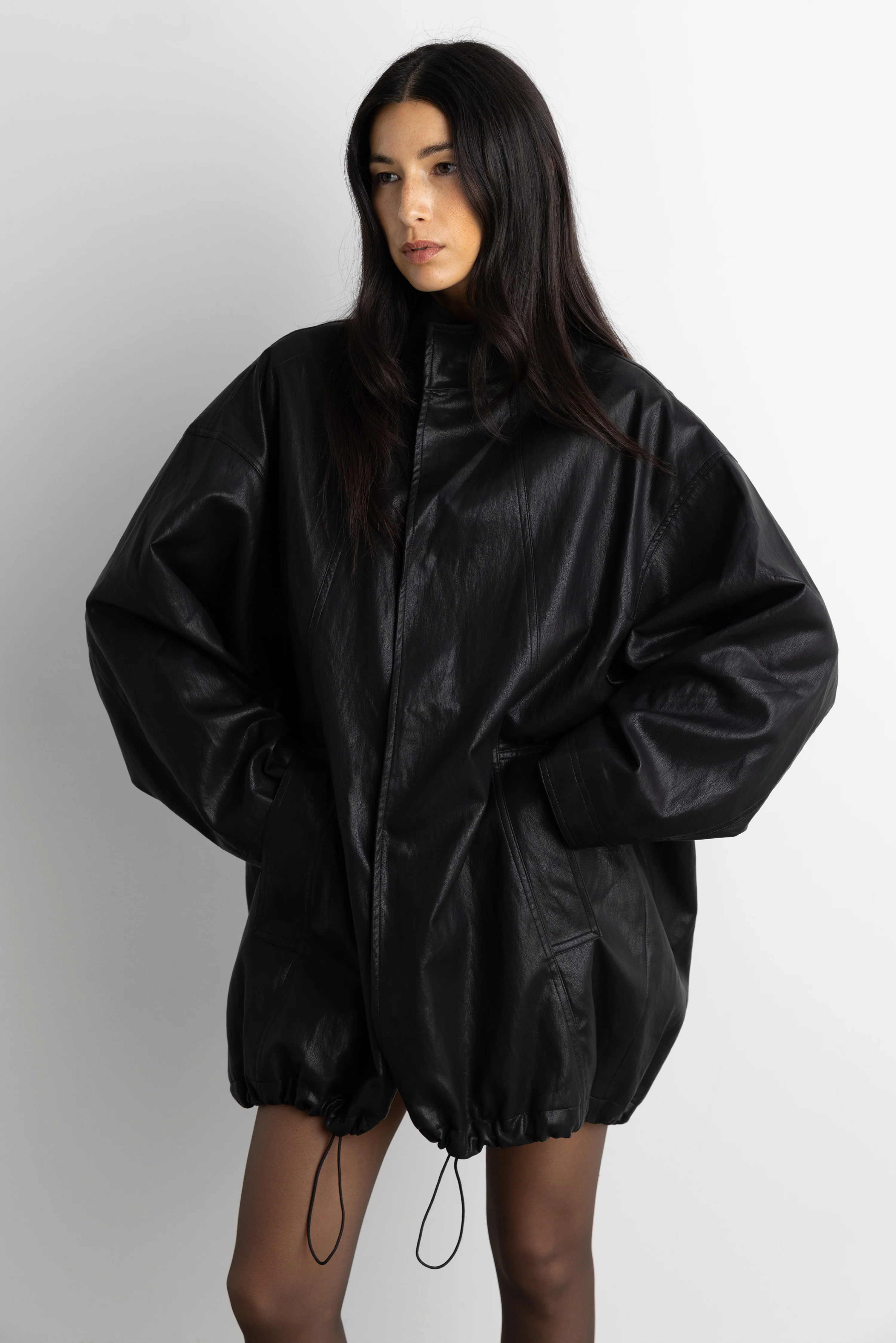 OVERSIZED FUNNEL NECK VEGAN LEATHER JACKET - Image 3