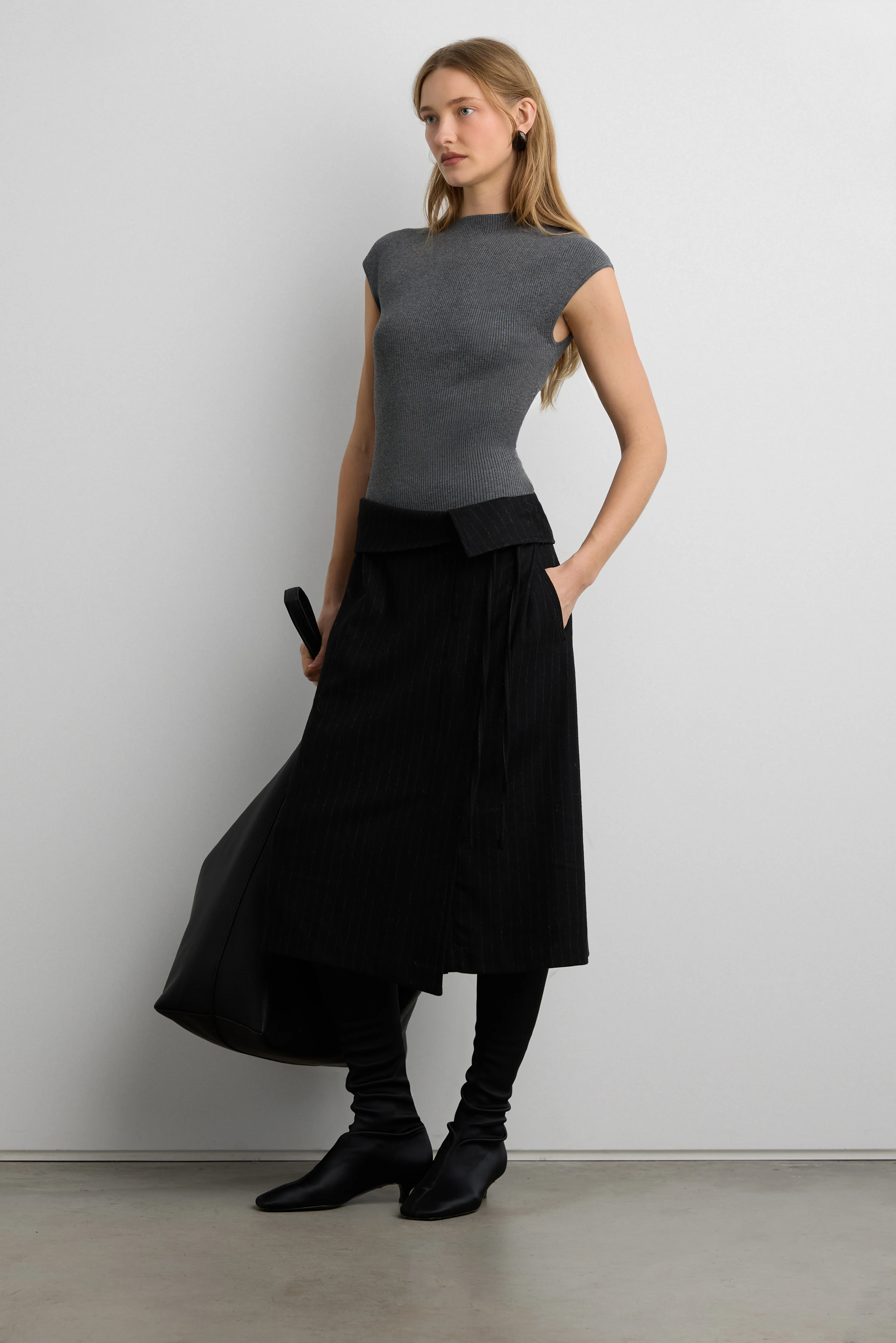 WOOL BLEND PINSTRIPE MIDI SKIRT WITH WAIST TIE - Image 2