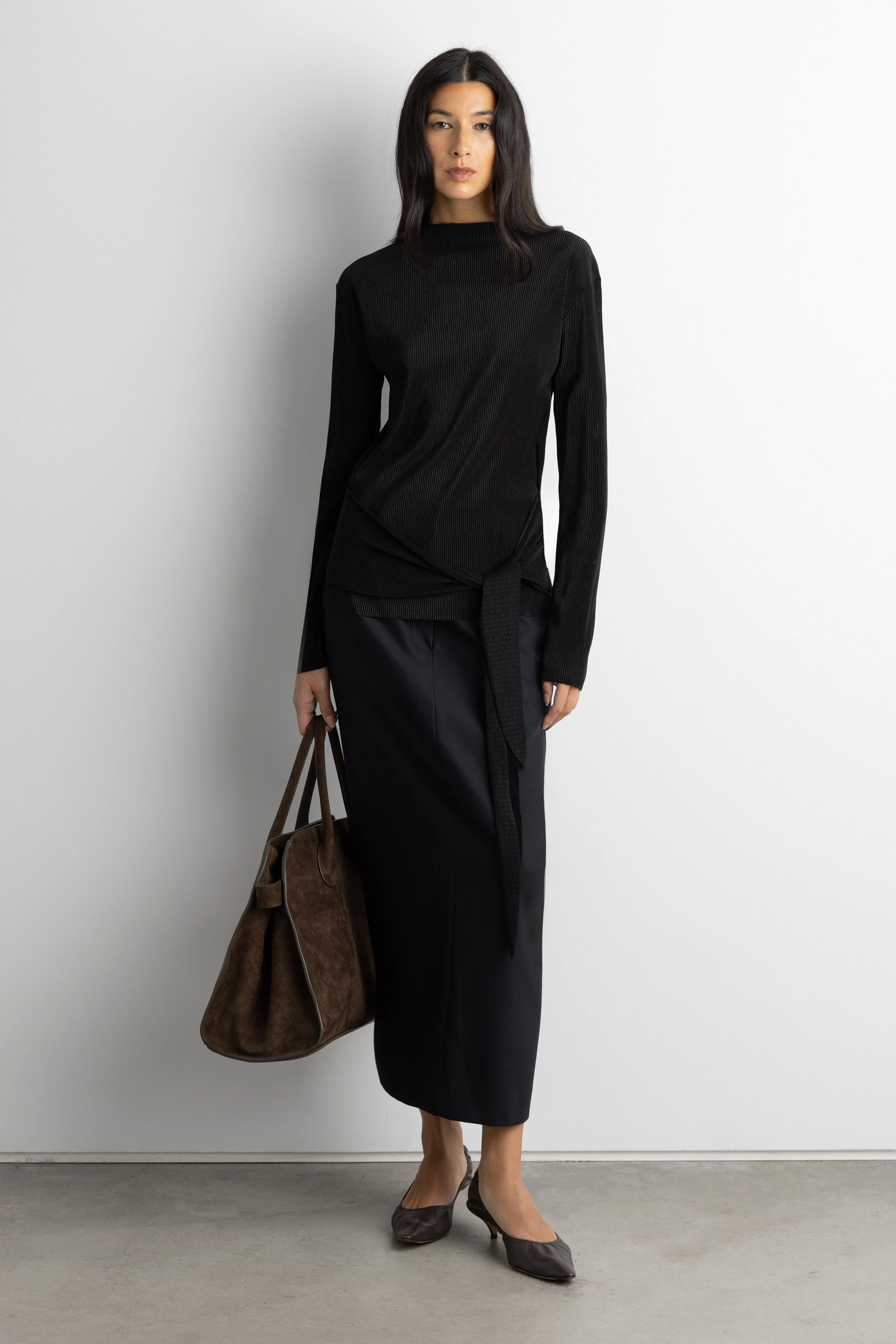 PLISSE LONG SLEEVE TOP WITH WAIST TIE