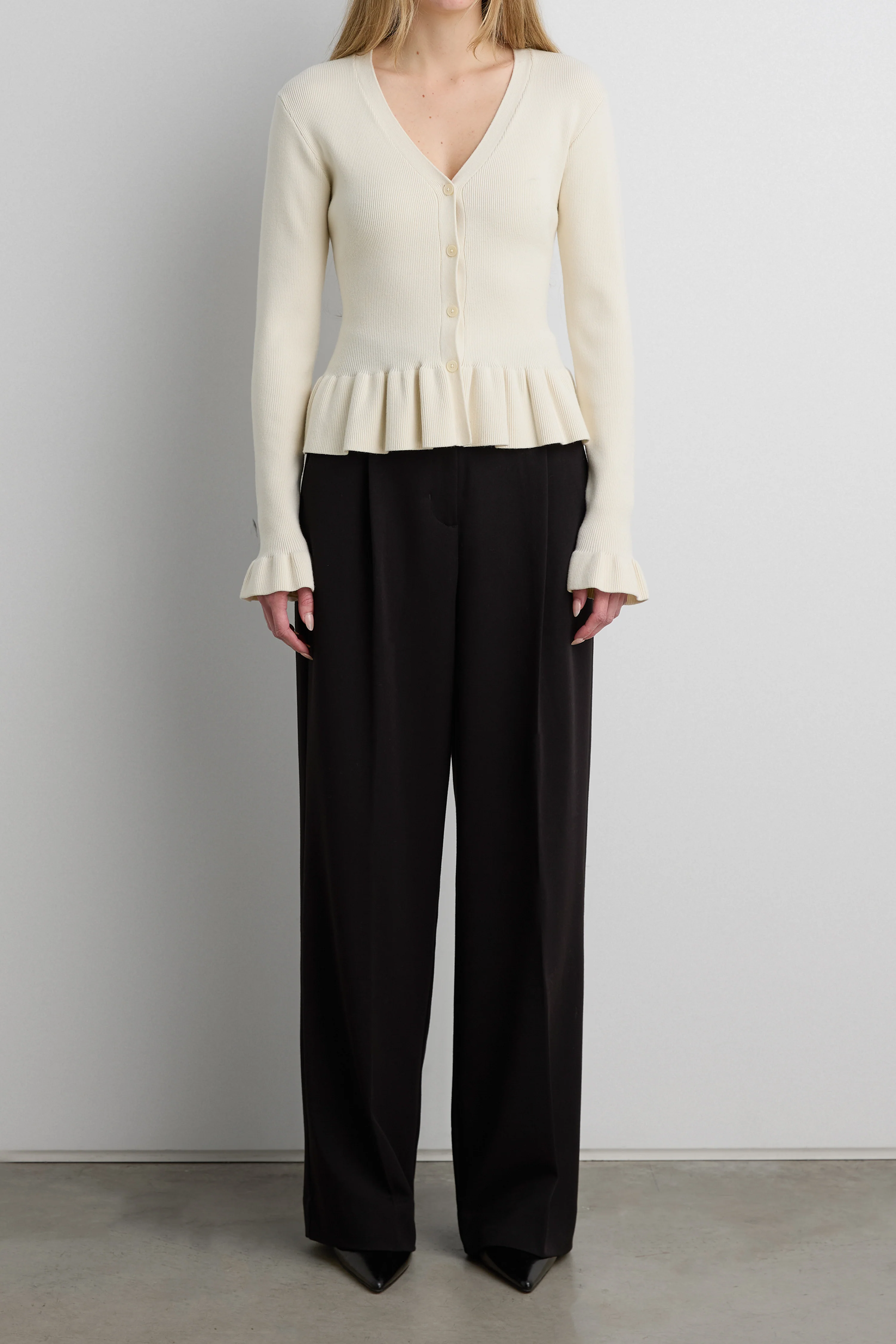 RIB-KNIT RUFFLED BUTTON FRONT CARDIGAN - Image 5