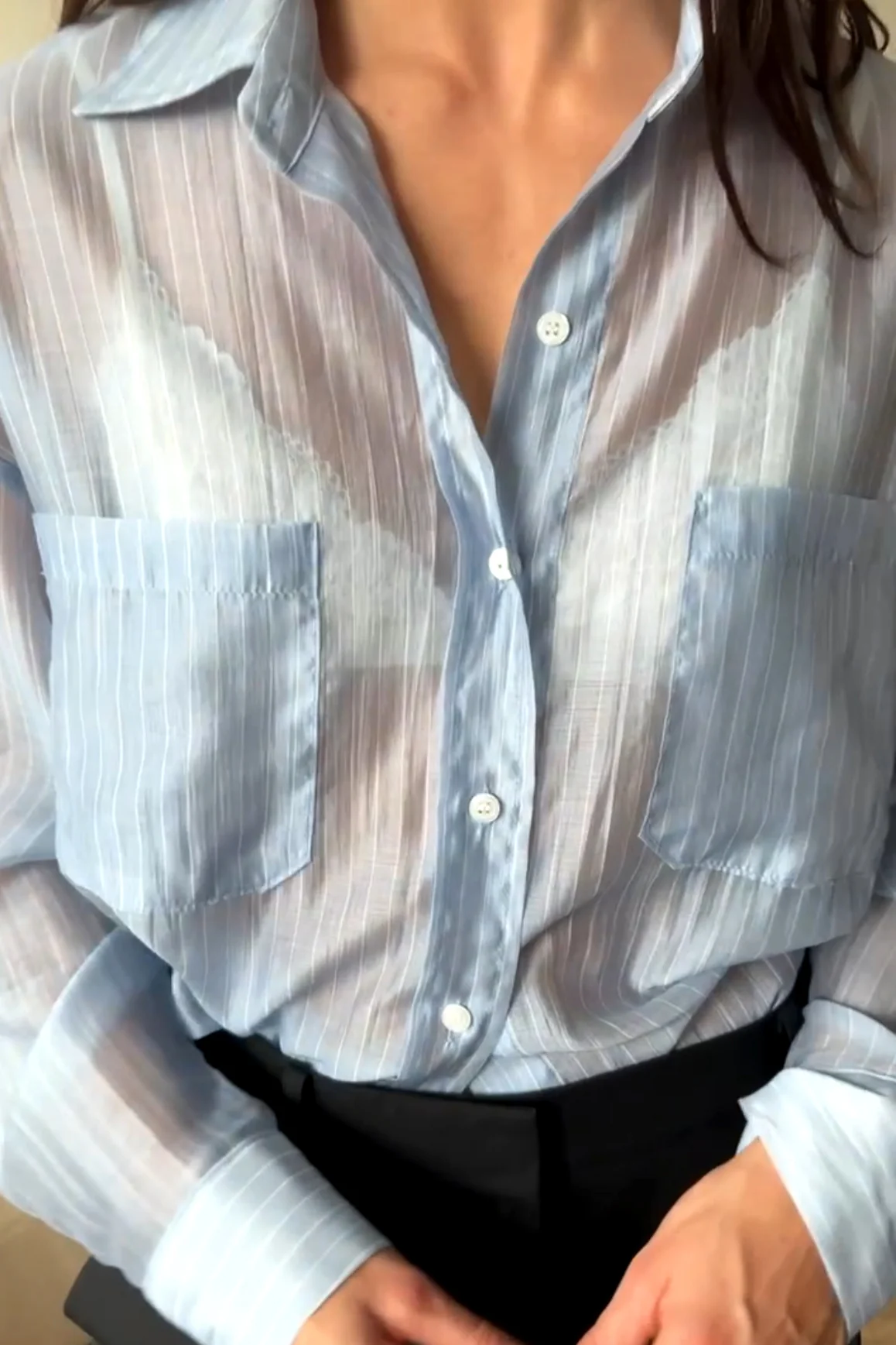 SHEER STRIPE TENCEL BUTTON UP SHIRT - Image 2