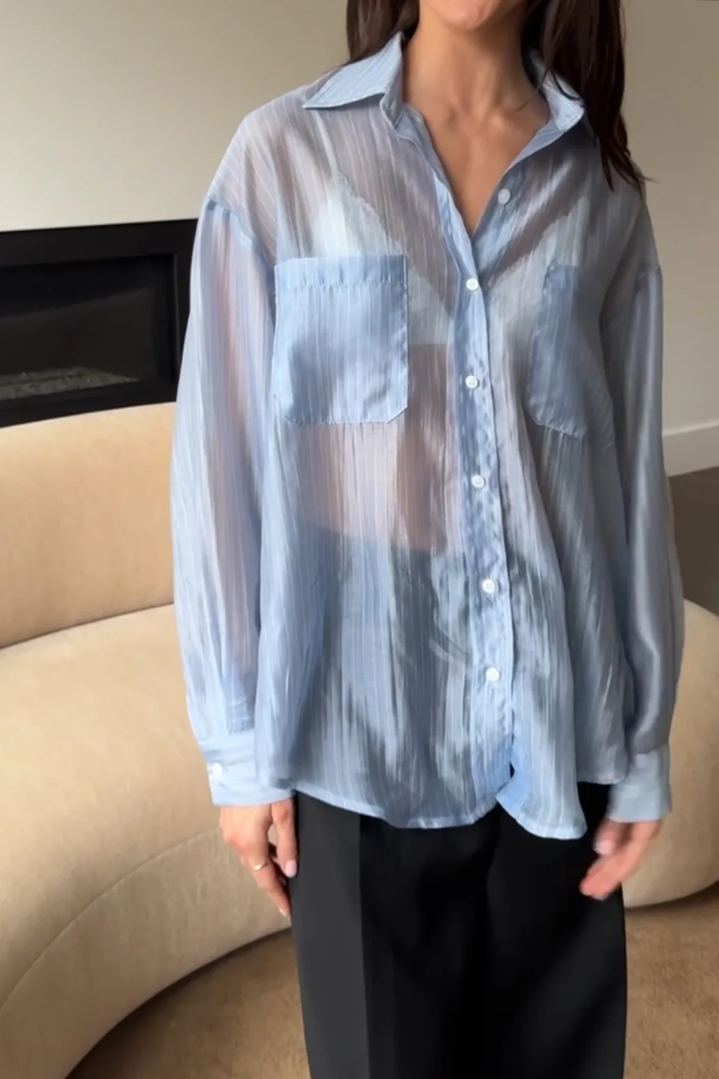 SHEER STRIPE TENCEL BUTTON UP SHIRT - Image 3