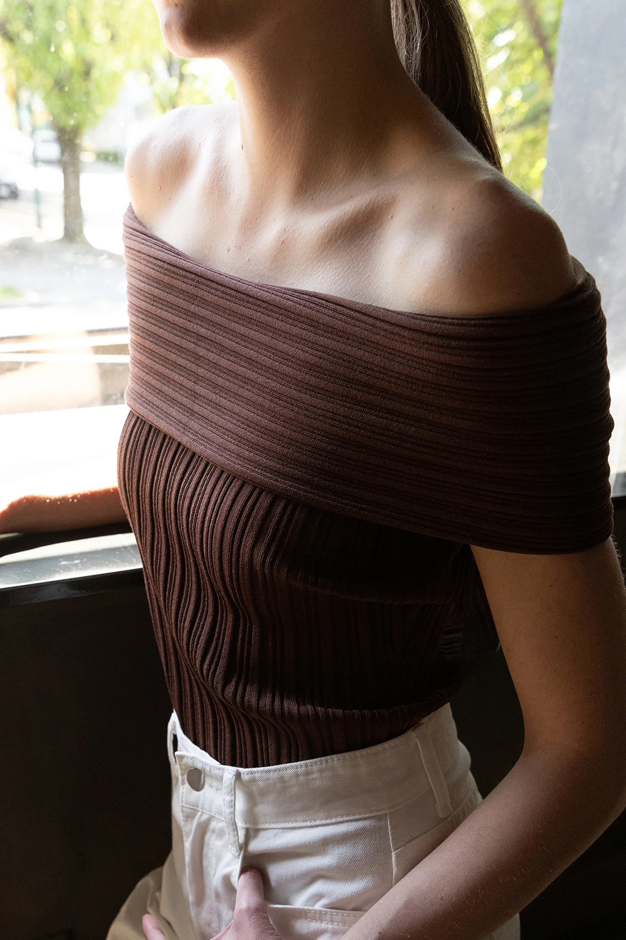 SHORT SLEEVE OFF THE SHOULDER KNIT SWEATER - Image 8