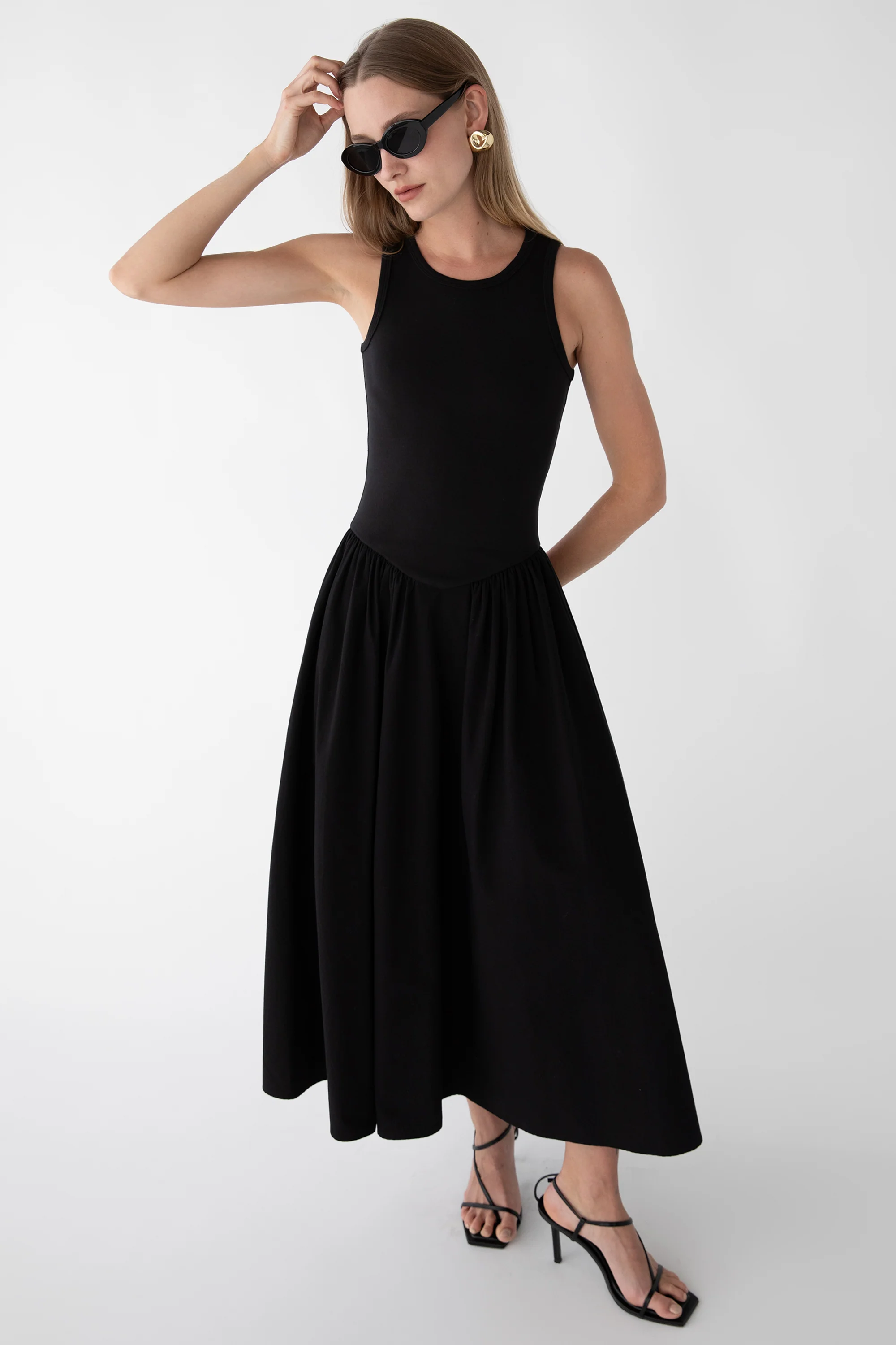 POPLIN RIB-KNIT DROP WAIST MIDI DRESS - Image 5
