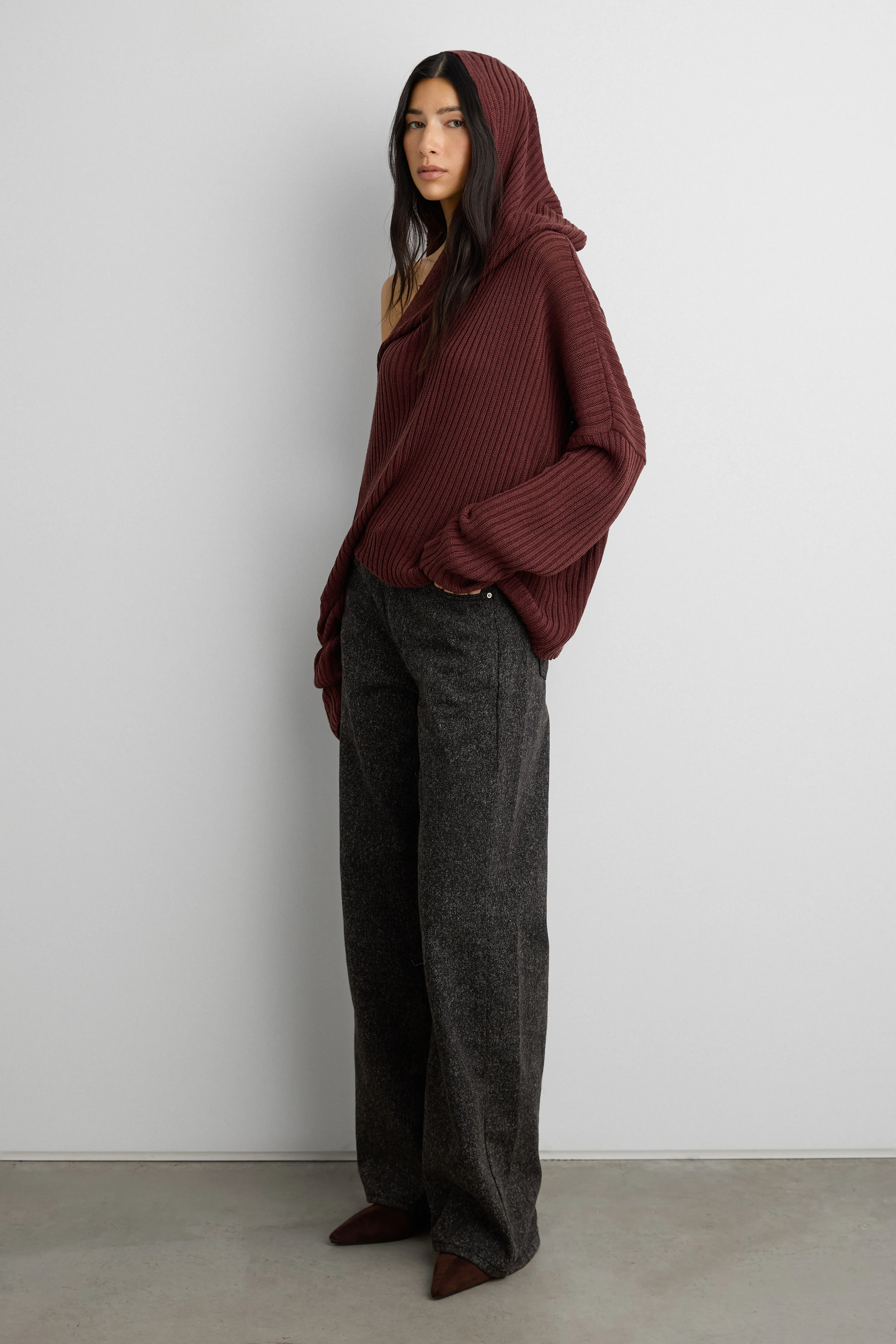 SLOUCHY OFF THE SHOULDER KNIT HOODIE - Image 3