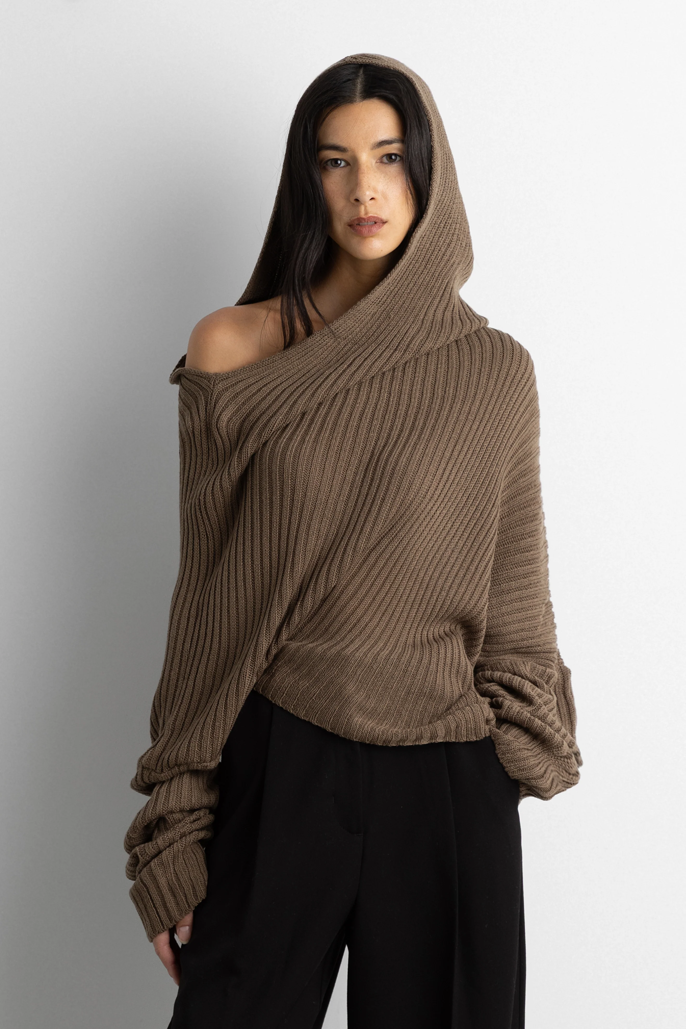 SLOUCHY OFF THE SHOULDER KNIT HOODIE - Image 6