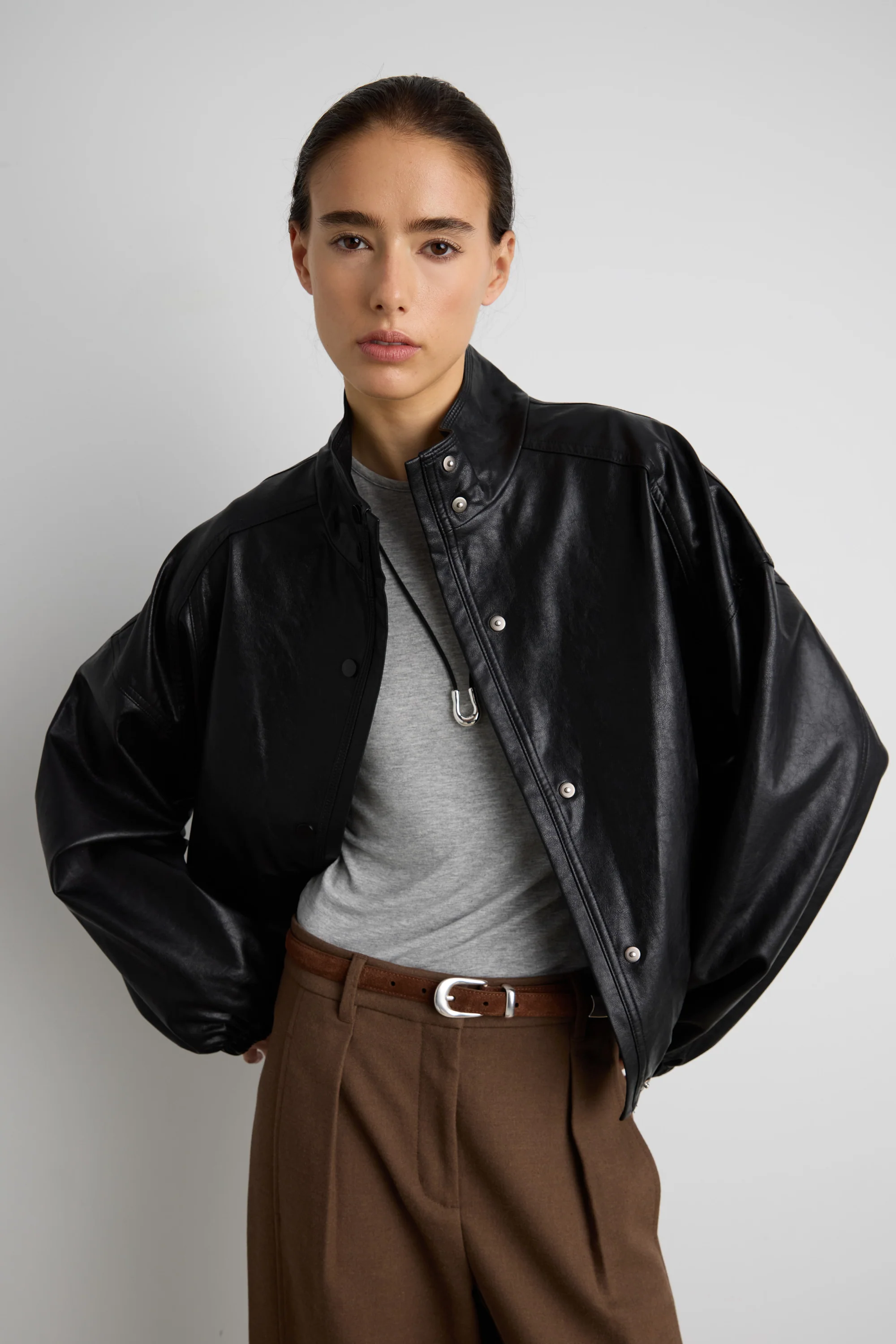 VEGAN LEATHER FUNNEL NECK BOMBER JACKET - Image 2